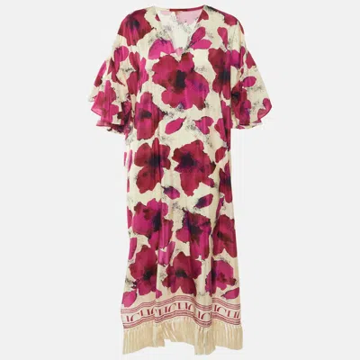 Ch Carolina Herrera Pink Floral Printed Silk & Cotton Tassel Detail Maxi Dress In Multi