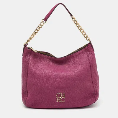 Pre-owned Ch Carolina Herrera Pink Grained Leather Zip Hobo
