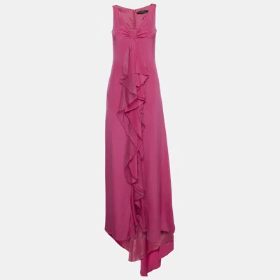 Pre-owned Ch Carolina Herrera Pink Silk Ruffle Maxi Dress Xxs