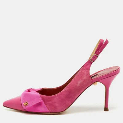 Pre-owned Ch Carolina Herrera Pink Suede And Leather Bow Pointed Toe Slingback Pumps Size 37