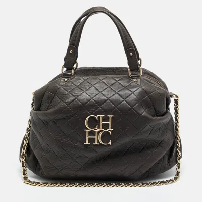 Ch Carolina Herrera Pleated Chain Dark Brown Quilted Leather Satchel In Black