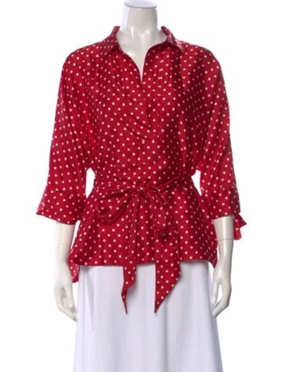 Pre-owned Ch Carolina Herrera Polka Dot Print V-neck Blouse In Red