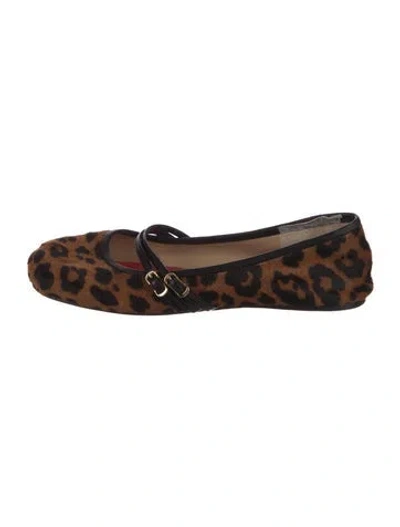 Pre-owned Ch Carolina Herrera Ponyhair Animal Print Mary Jane Flats In Brown