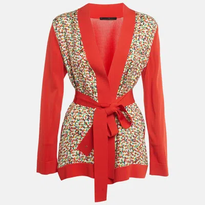 Pre-owned Ch Carolina Herrera Printed Silk And Knit Belted Cardigan M In Red
