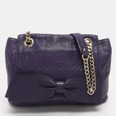 Pre-owned Ch Carolina Herrera Purple Monogram Embossed Leather Audrey Shoulder Bag