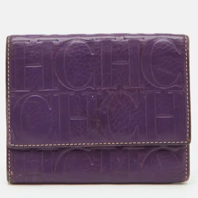 Pre-owned Ch Carolina Herrera Purple Monogram Embossed Leather Compact Wallet