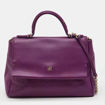 Ch Carolina Herrera Purple Monogram Embossed Leather Minuetto Top Handle Bag