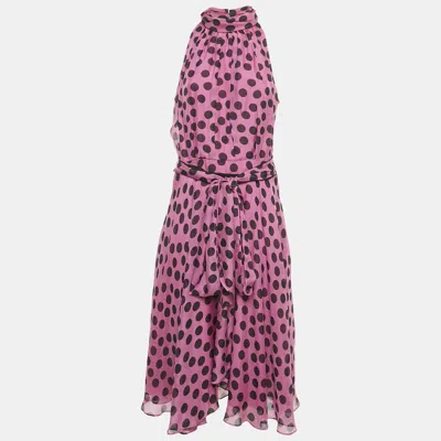 Pre-owned Ch Carolina Herrera Purple Polka Dots Silk Tiered Midi Dress L