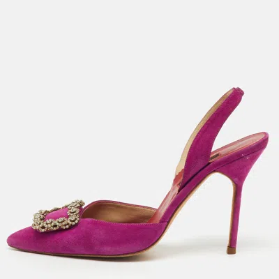 Ch Carolina Herrera Purple Suede Crystal Embellished Buckle Slingback Pumps