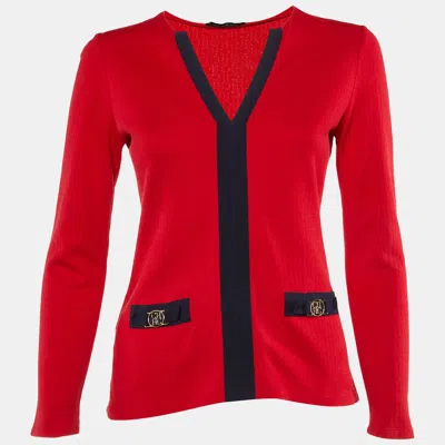 Pre-owned Ch Carolina Herrera Red Ch Pattern Cotton V-neck Top Xs