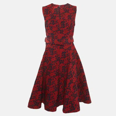 Pre-owned Ch Carolina Herrera Red Embossed Floral Print Belted Mini Dress S