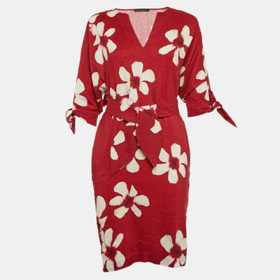 Pre-owned Ch Carolina Herrera Red Floral Print Crepe Mini Dress Xs