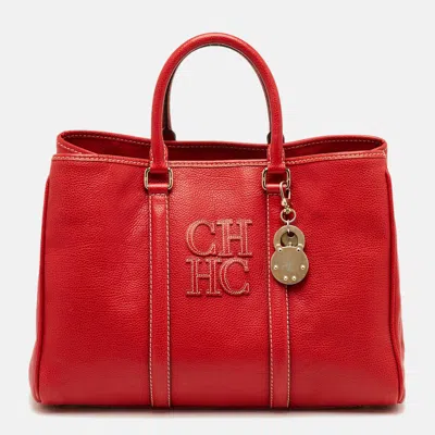 Ch Carolina Herrera Red Grained Leather Matteo Tote