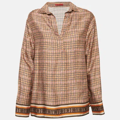 Pre-owned Ch Carolina Herrera Red Houndstooth Printed Sateen Top M