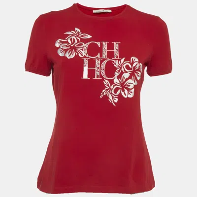 Pre-owned Ch Carolina Herrera Red Jersey Logo Embroidered T-shirt S