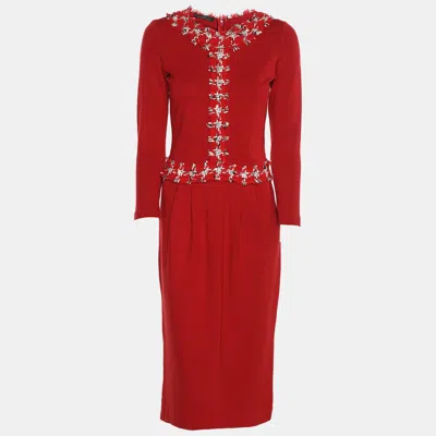 Ch Carolina Herrera Red Jersey Tweed Detail Midi Dress In Multi