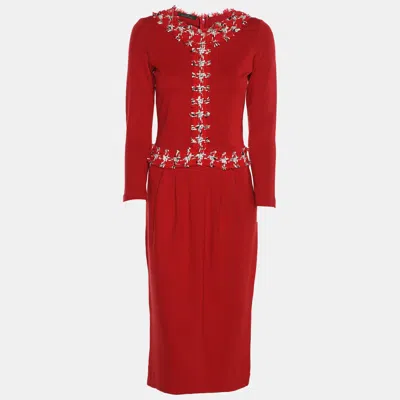 Pre-owned Ch Carolina Herrera Red Jersey Tweed Detail Midi Dress Xxs