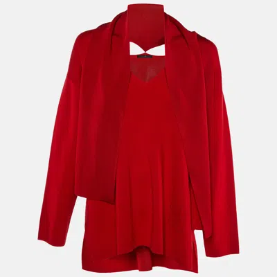 Pre-owned Ch Carolina Herrera Red Knit Scarf Detail Top L