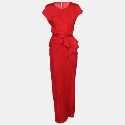 Pre-owned Ch Carolina Herrera Red Lace Ruffle Trim Slit Detail Maxi Skirt And Tops M