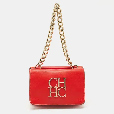 Pre-owned Ch Carolina Herrera Red Leather Double Flap Chain Shoulder Bag
