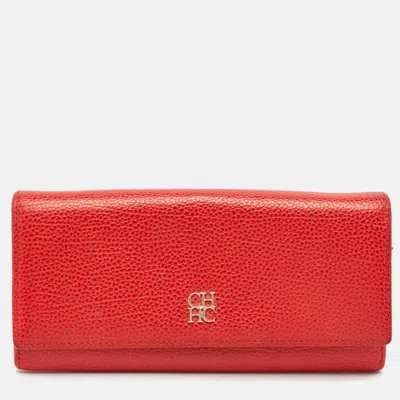 Ch Carolina Herrera Red Leather Flap Continental Wallet