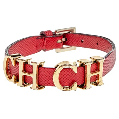 Ch Carolina Herrera Red Leather Logo Charm Wrap Bracelet In Yellow