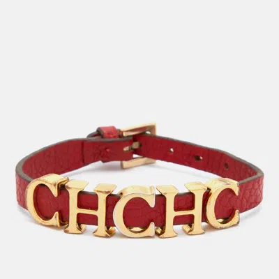 Ch Carolina Herrera Red Leather Logo Wrap Bracelet