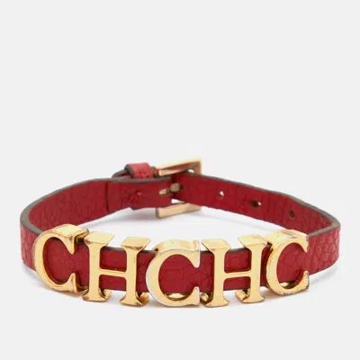 Pre-owned Ch Carolina Herrera Red Leather Logo Wrap Bracelet