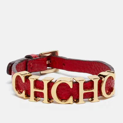 Pre-owned Ch Carolina Herrera Red Leather Logo Wrap Bracelet