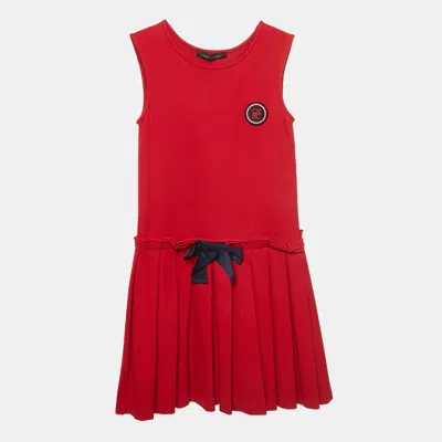 Pre-owned Ch Carolina Herrera Red Logo Applique Jersey Pleated Dress 8yrs