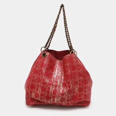 Ch Carolina Herrera Red Metallic Monogram Leather Chain Tote | ModeSens
