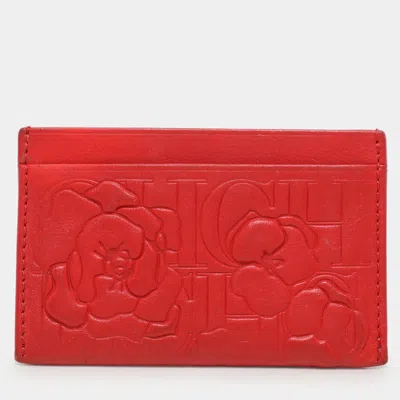 Ch Carolina Herrera Red Monogram Embossed Leather Card Holder