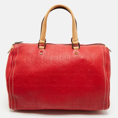 Pre-owned Ch Carolina Herrera Red Monogram Embossed Leather Large Andy Boston Bag