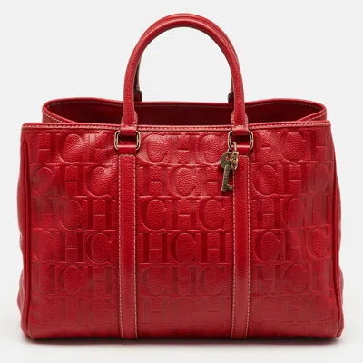 Pre-owned Ch Carolina Herrera Red Monogram Embossed Leather Large Matteo Tote