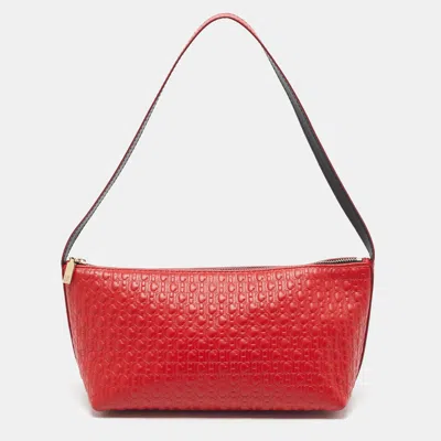 Pre-owned Ch Carolina Herrera Red Monogram Embossed Leather Pochette Bag