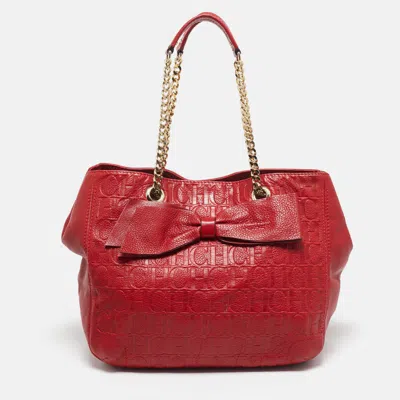 Pre-owned Ch Carolina Herrera Red Monogram Leather Audrey Chain Tote
