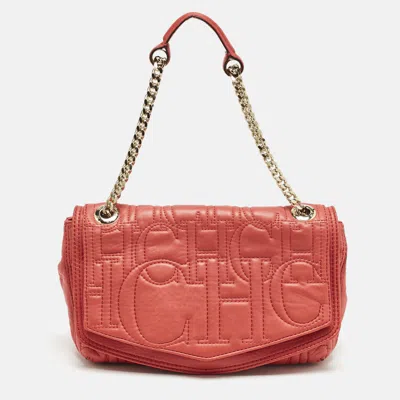 Pre-owned Ch Carolina Herrera Red Monogram Leather Double Flap Shoulder Bag