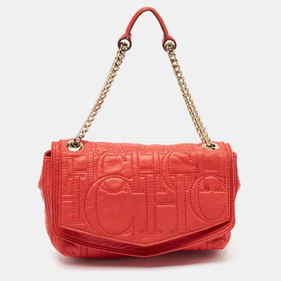 Ch Carolina Herrera Red Monogram Leather Double Flap Shoulder Bag ...