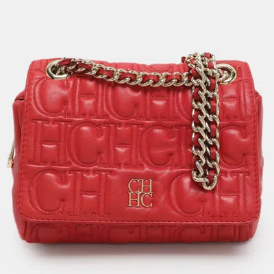 Pre-owned Ch Carolina Herrera Red Monogram Leather Shoulder Bag