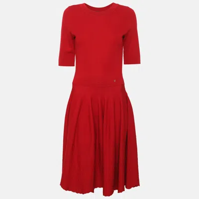 Pre-owned Ch Carolina Herrera Red Stretch Knit Jacquard Flared Knee Length Dress Xxs