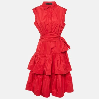 Pre-owned Ch Carolina Herrera Red Taffeta Tiered Sleeveless Shirt Dress L
