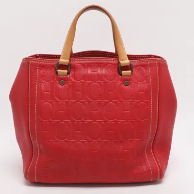 Pre-owned Ch Carolina Herrera Red/beige Monogram Embossed Leather Tote