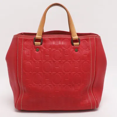 Ch Carolina Herrera Red/beige Monogram Embossed Leather Tote