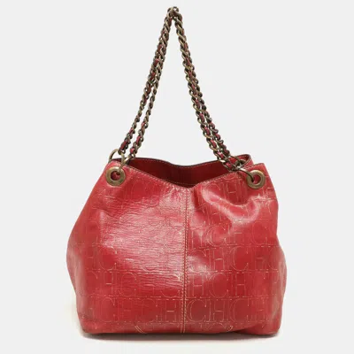 Pre-owned Ch Carolina Herrera Red/gold Monogram Leather Chain Tote