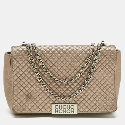 Pre-owned Ch Carolina Herrera Rose Gold Quilted Leather Chain Flap Bag In Silver