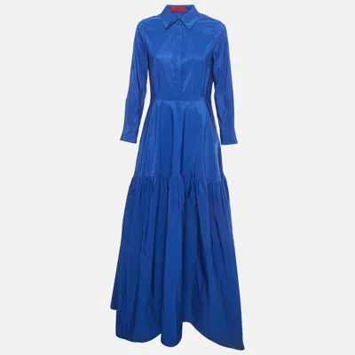 Pre-owned Ch Carolina Herrera Roya Blue Taffeta Pocketed Flared Shirt Dress M