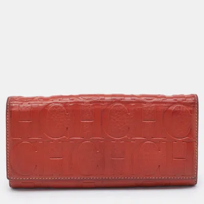 Ch Carolina Herrera Rust Orange Monogram Leather Flap Continental Wallet In White