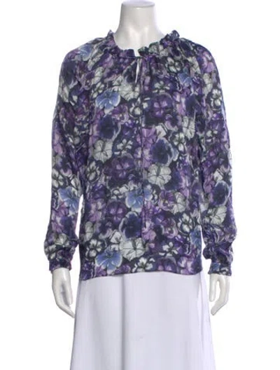 Pre-owned Ch Carolina Herrera Silk Floral Print Blouse In Blue