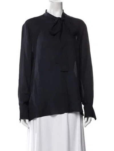 Pre-owned Ch Carolina Herrera Silk Tie Neck Blouse In Blue