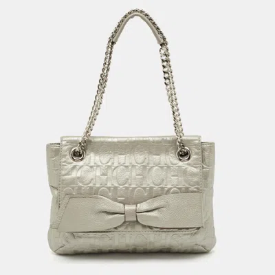 Pre-owned Ch Carolina Herrera Silver Monogram Embossed Leather Audrey Bow Shoulder Bag